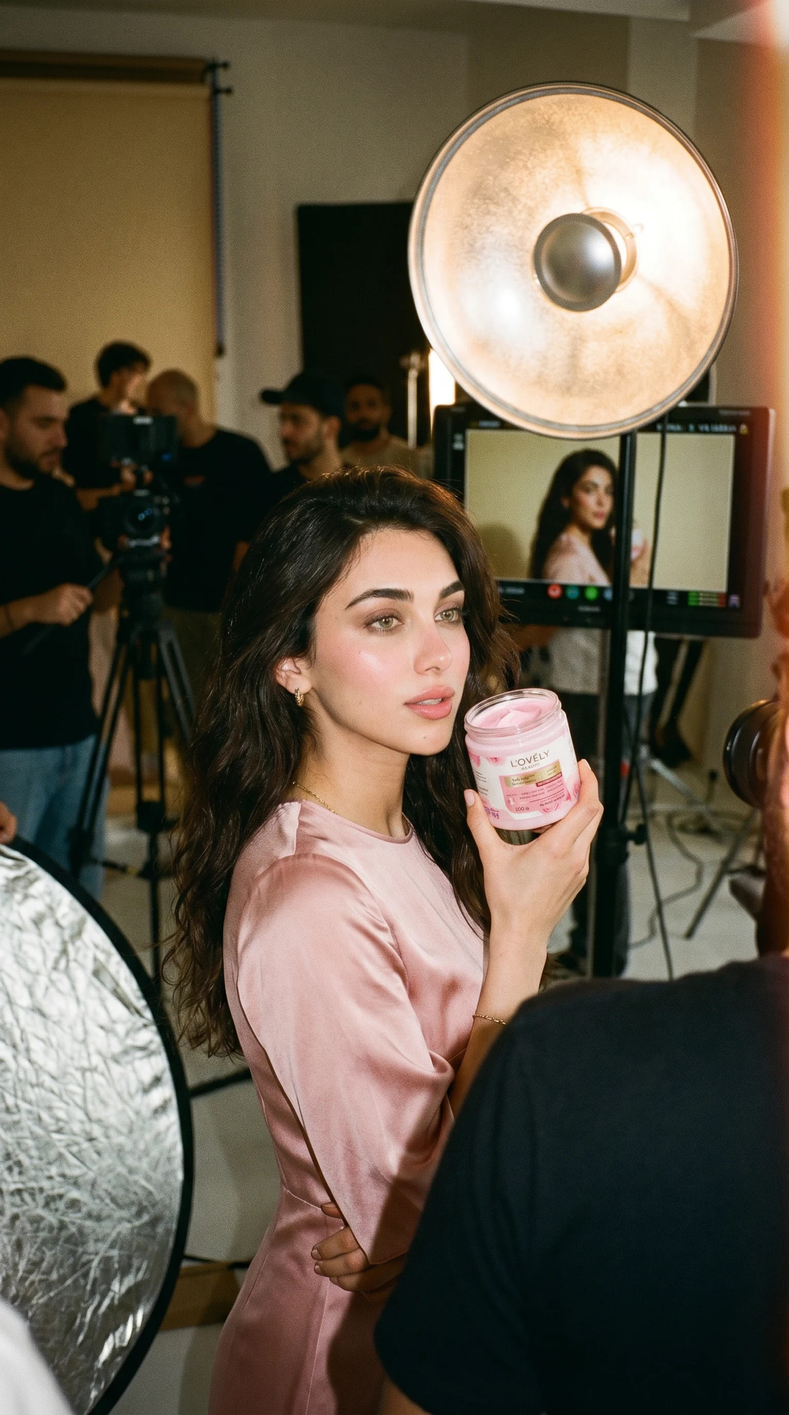 Behind the scenes of the virtual shoot — the campaign model in front of a virtual crew