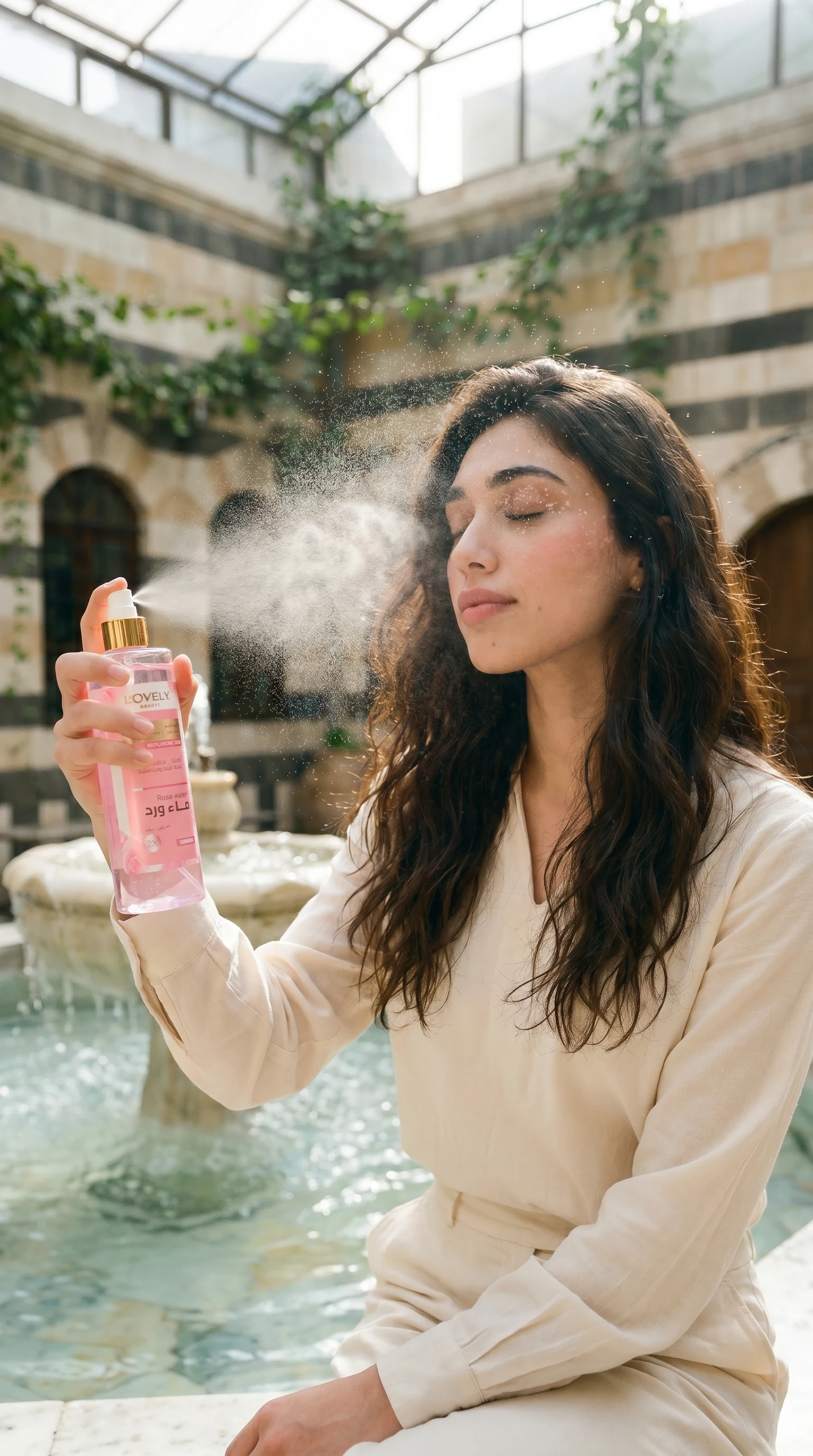 Rose water sprayed over a Damascene dish