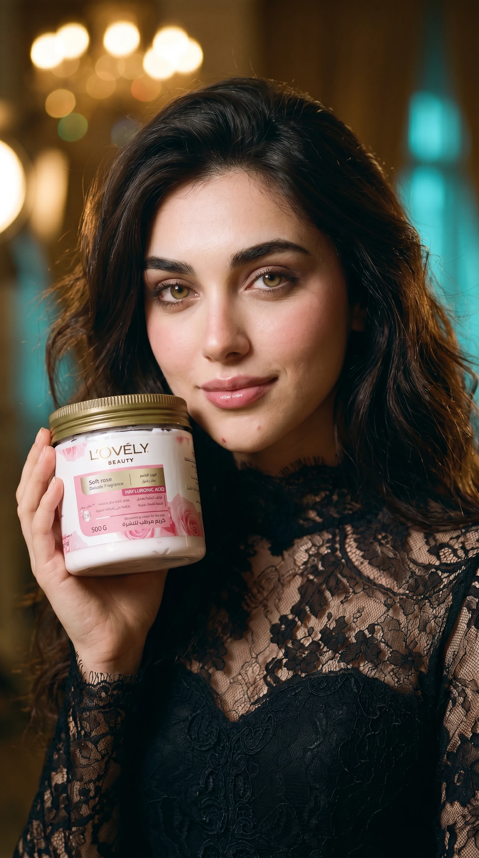 The model holding the cream — a virtual studio shot
