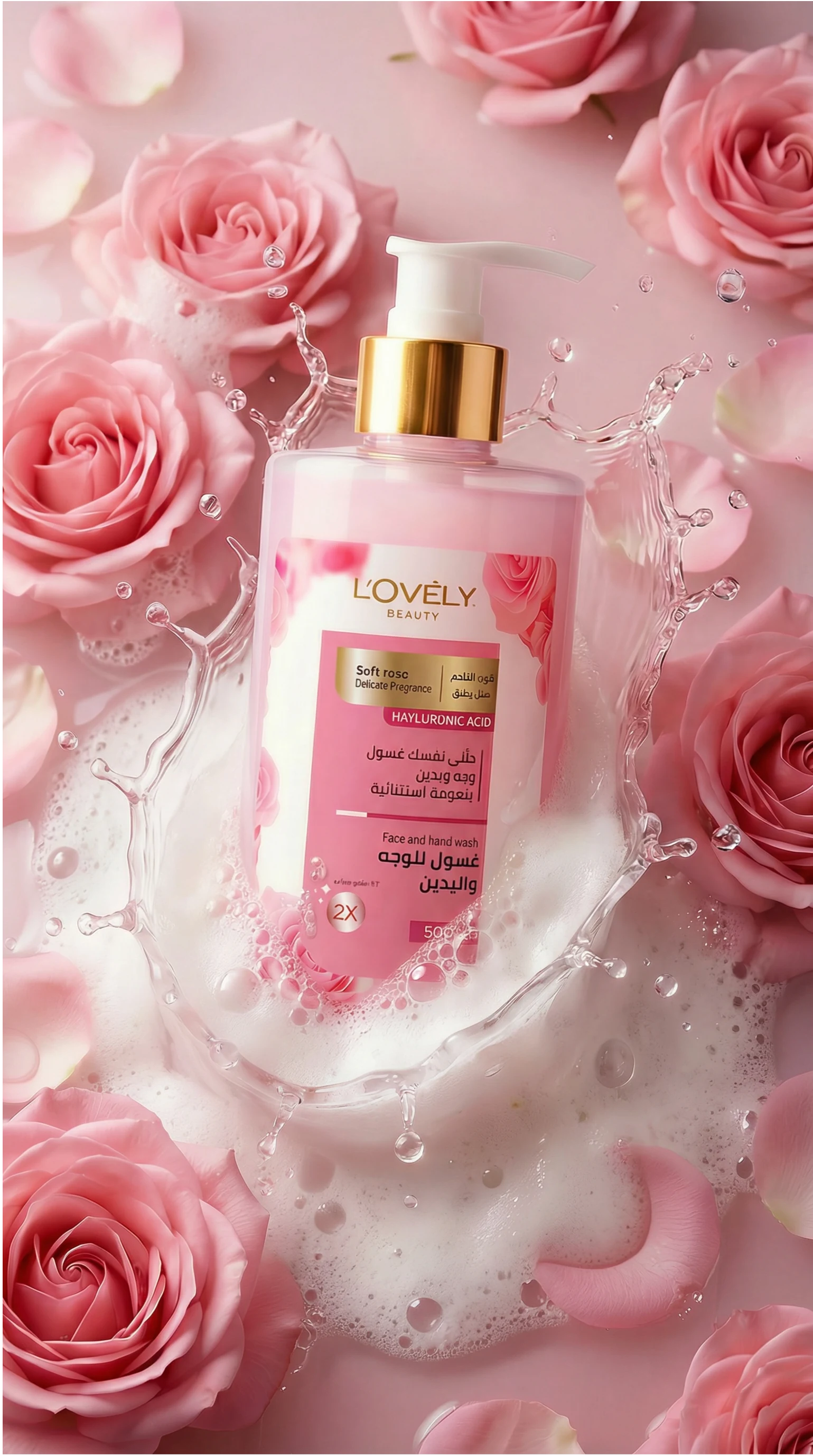 Rose water product shot among roses and foam